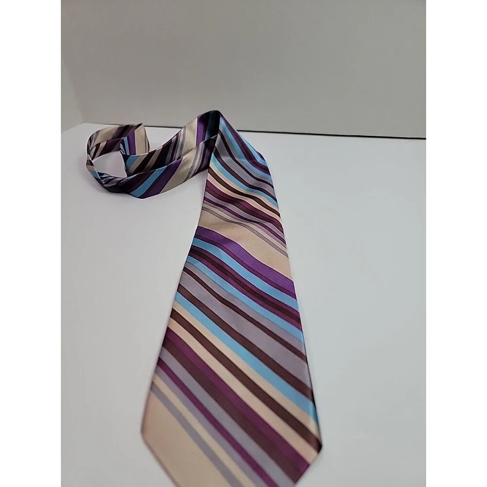 Striped Necktie Beige Purple Blue Brown 100% Polyester Mens Classic Tie
